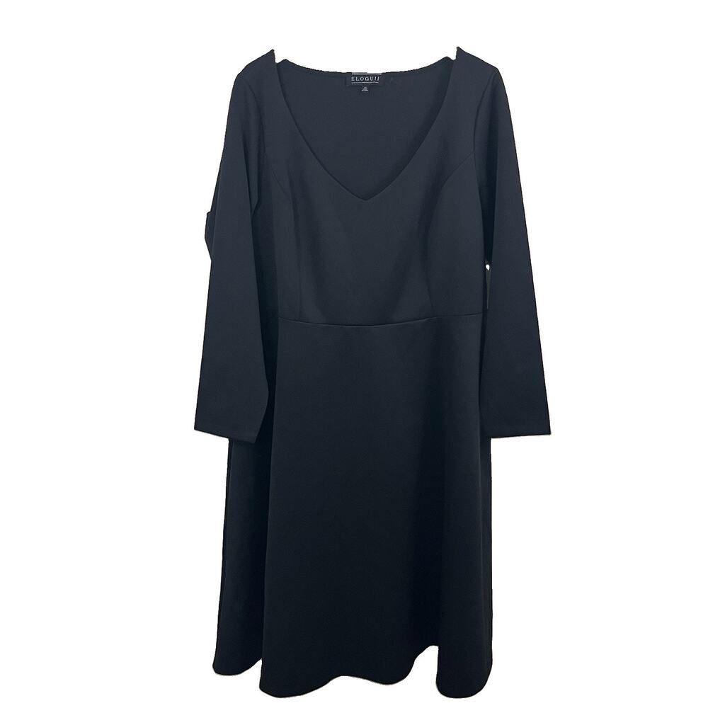 NWT Eloquii Fit & Flare Midi Dress Womens Plus Size 24 V Neck Black